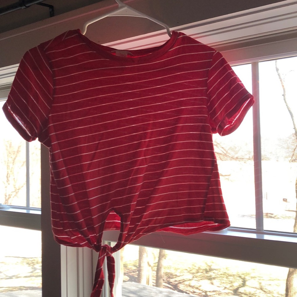 Red and white striped crop top with knot.
